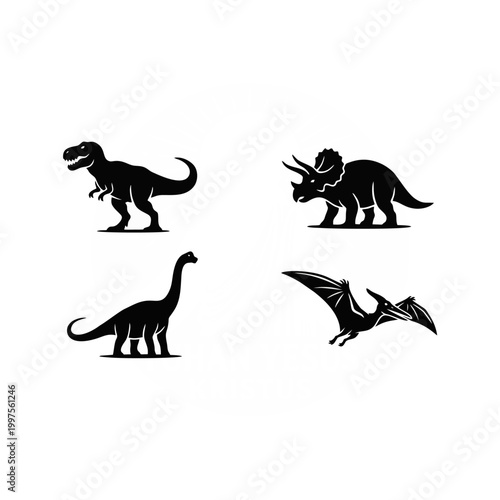 Dinosaur Silhouette Vector Set, Black Tyrannosaurus Rex Triceratops Brachiosaurus and Pterodactyl Icons Isolated on White, Minimalist Jurassic Animal Collection for Logo and Graphic Design