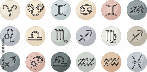 Hand Drawn Zodiac Signs Buttons Vector Astrology Icon Set Circular Design