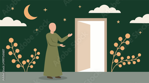 Minimalist illustration of figure welcoming to open door under night sky