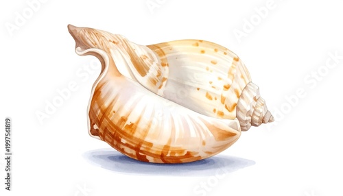 Seashell on white. Light, brown & white hues on swirling, bumpy shell