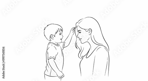 Child tenderly touches mother's hair, a warm family moment