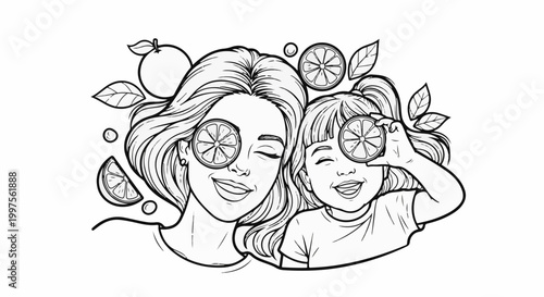 Cheerful mother and daughter enjoying citrus slices against a vibrant backdrop