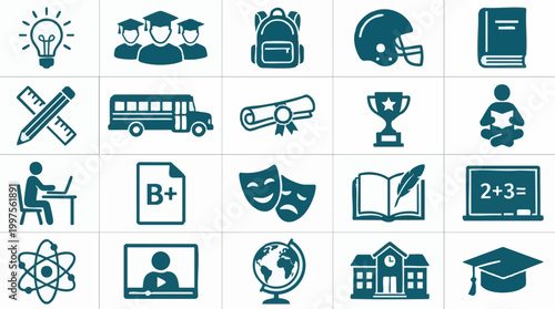 Education icons set. School, university, learning, science, and arts symbols.