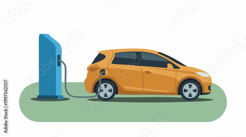 Electric orange car charging at a blue EV charging station illustration