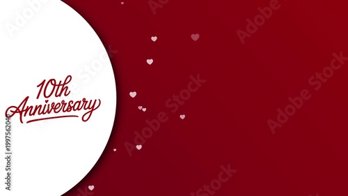 10th Wedding Anniversary Animation with Floating Hearts on Elegant Red Background and Copy Space