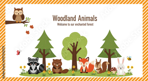 Woodland animals banner with raccoon fox squirrel rabbit bear owl and forest trees cartoon vector illustration with cute nature scene for kids