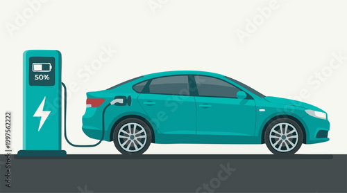 Electric vehicle charging at a station, showing 50 percent battery level