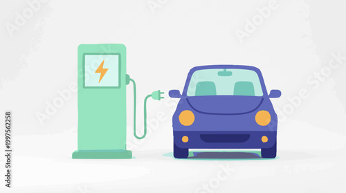 Electric vehicle charging station with a cartoon car on a white background