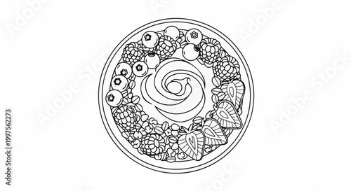 Circle of assorted berries and sliced strawberries with a creamy swirl center