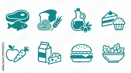 Set of vector icons representing various food categories and nutrition groups