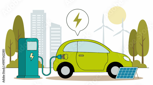 Electric car charging at station powered by renewable energy in urban landscape