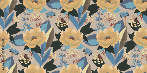 Floral seamless vector pattern with peonies and cornflowers.