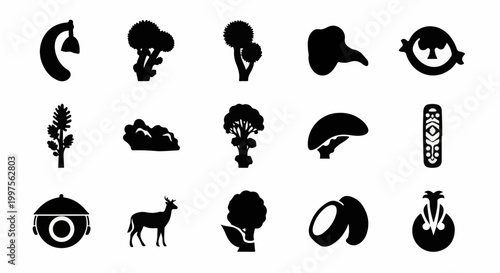 Collection of black silhouettes of trees, plants, a deer, a lamp, and a remote