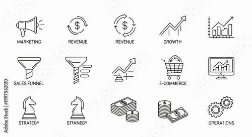 Collection of business concept icons marketing, finance, sales, growth, strategy, and operations