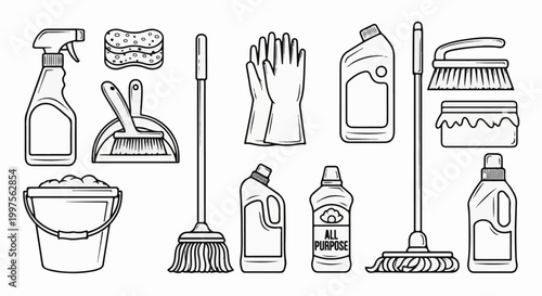 Collection of cleaning supplies, including spray bottle, sponges, dustpan and brush, bucket, gloves, and mops