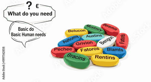 Collection of colorful pills with various names, asking about needs