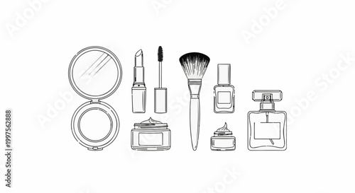 Collection of cosmetic items including a compact mirror, lipstick, mascara, brush, creams, and perfume bottles