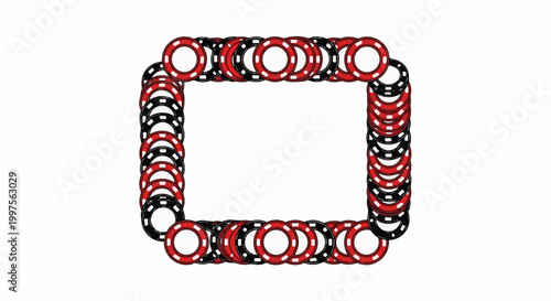 Border of stacked red and black casino poker chips on white background