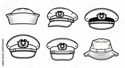 Collection of diverse hats, including sailor, military, and casual styles