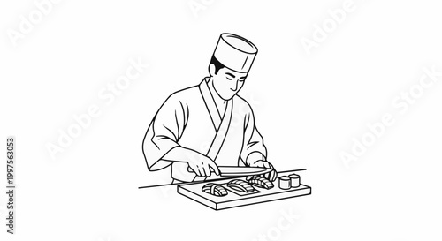 Chef in traditional attire carefully slices fresh sushi on a wooden board