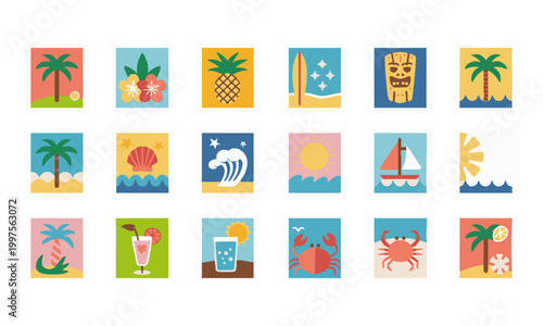 Minimal Tropical Stamp Style Icon Set Vector Illustration.