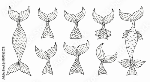 Collection of diverse mermaid tail designs in black and white outline style