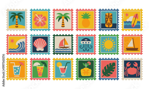 Flat Tropical Stamp Icon Pack Beach Theme Vector Illustration.