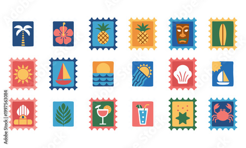 Colorful Tropical Island Stamp Icons Vector Illustration.