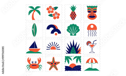 Tropical Postage Stamp Style Icon Set Vector Illustration.