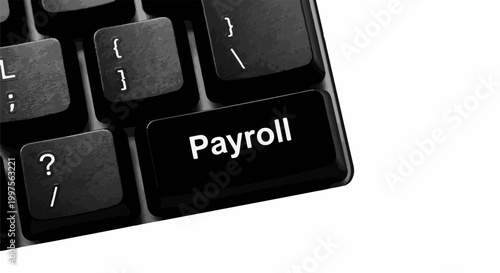 Close-up of a black keyboard with a "Payroll" key prominently displayed