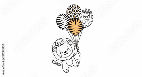 Cartoon lion in safari hat holding balloons with animal prints