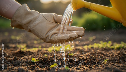 Bild auf Leinwand A close-up of a gardener wearing a work glove, catching water from a yellow watering can to nurture tiny young seedlings growing in the fertile soil of a home garden