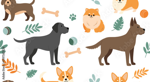 Delightful seamless pattern featuring popular dog breeds like corgi, labrador, and pomeranian with bones and balls on a clean white background.