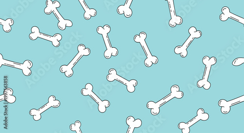 Seamless pattern design with various white dog bones oriented in different directions over a soft light blue background for pet products.