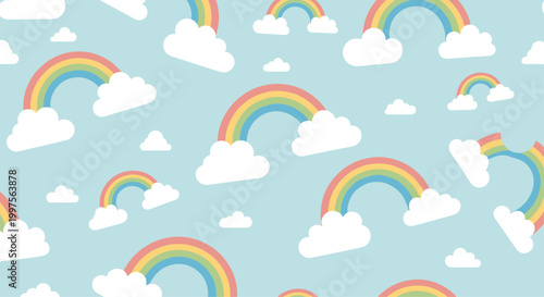 Cute seamless pattern of colorful rainbows and fluffy white clouds scattered across a bright light blue sky for kids nursery wallpaper.