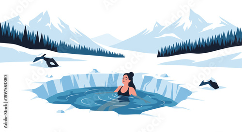 Brave woman in a swimsuit enjoying a cold swim in an icy hole in the middle of a snowy mountain landscape during the winter season.