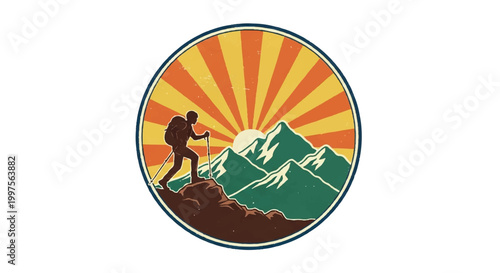 Hiker silhouette on mountain peak with sunburst illustration adventure concept