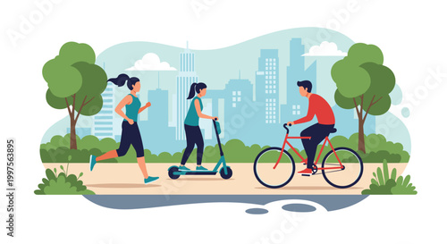 People enjoying outdoor activities in a city park including running riding an electric scooter and cycling against a skyline background.
