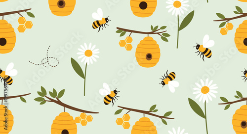 Summer nature pattern with bees flying around beehives on branches and white daisy flowers for organic honey and gardening themes.