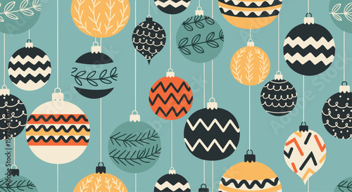 Festive christmas ornament pattern featuring various decorated baubles hanging on strings over a light blue background for holidays.