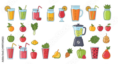 Healthy lifestyle set with fresh fruits vegetables a blender and various glasses of colorful smoothies for nutrition and diet themes.