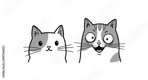 Funny illustration of two domestic cats with different personalities one calm and one crazy with wide eyes on a white background.
