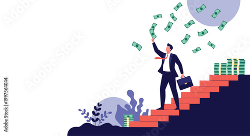 Successful businessman standing on steps while tossing banknotes in the air symbolizes financial growth and wealth achievement.