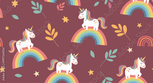 Whimsical seamless pattern featuring magical unicorns standing on colorful rainbows with stars and leaves on a dark background.