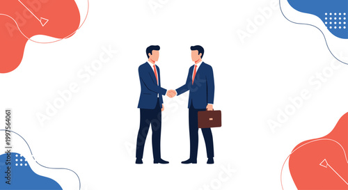 Professional businessmen in suits shaking hands to seal a deal in a minimalist vector illustration with abstract colorful shapes.