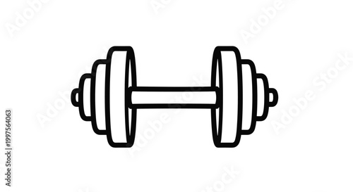 Simple black and white line art icon of a heavy dumbbell used for weightlifting and strength training in gym environments.