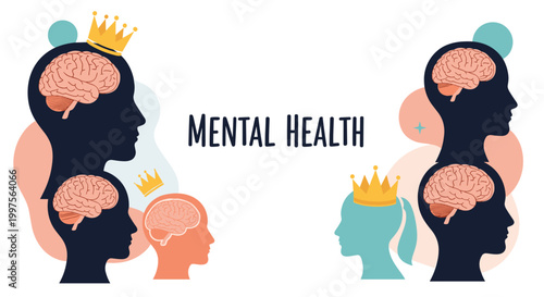 Conceptual illustration about mental health awareness featuring silhouettes of human heads with brains and crowns on soft shapes.