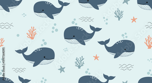 Charming seamless pattern of cute blue whales swimming in the ocean with starfish corals and bubbles on a light blue backdrop.