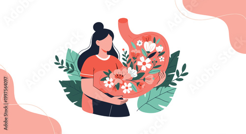 Young woman holding a stylized human stomach filled with blooming flowers representing gut health and digestive wellness concepts.