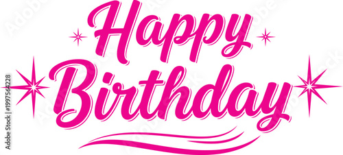Happy birthday greeting card with pink text and starburst decorations on white background